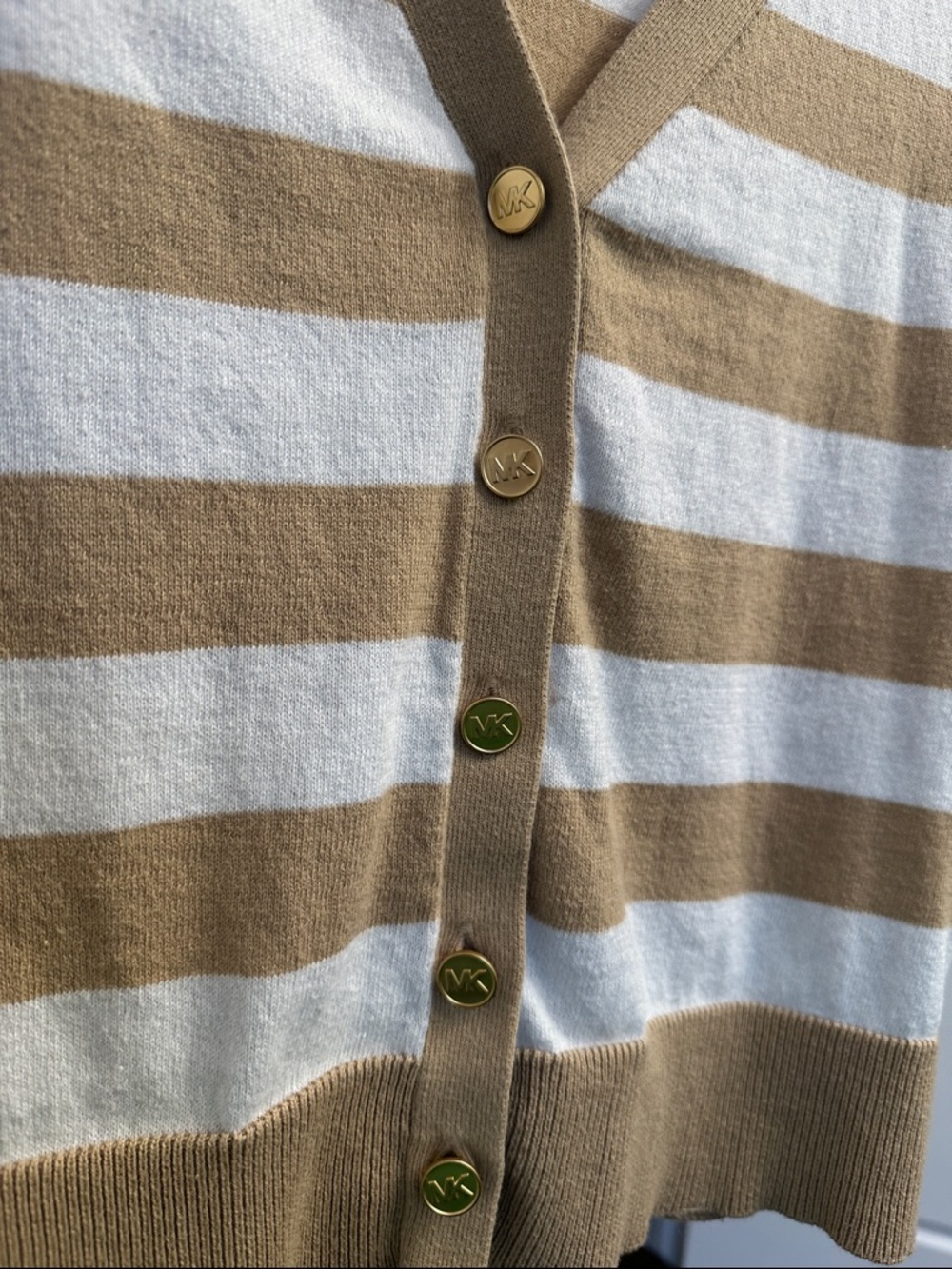 Michael Michael Kors Striped Short-Sleeve Button front Cardigan - Tan & White - Picture 4 of 5